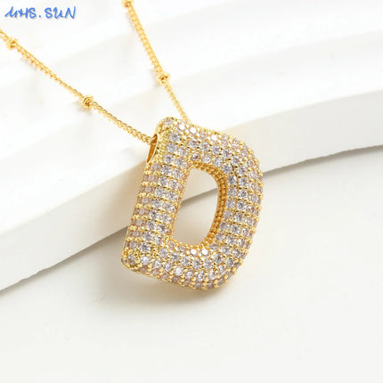 SUNSLL Cubic Zircon A-Z 26 Bubble Letter Necklace 2 Sizes Gold Plated M Chunky Balloon Initials Pendant Women Chain Jewelry 2024