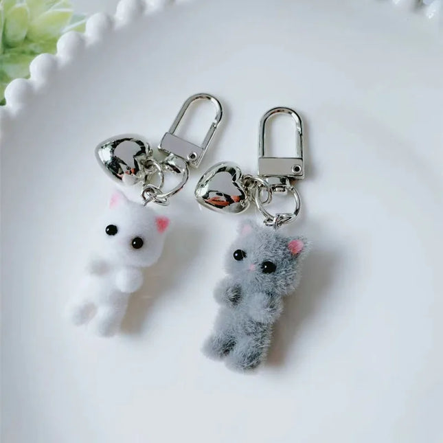 ZAKOL Cute Flocking Cat Keychain 3D Love Phone Pendant Headphone Charm Bag Decor Car Key Ring Jewelry Gift