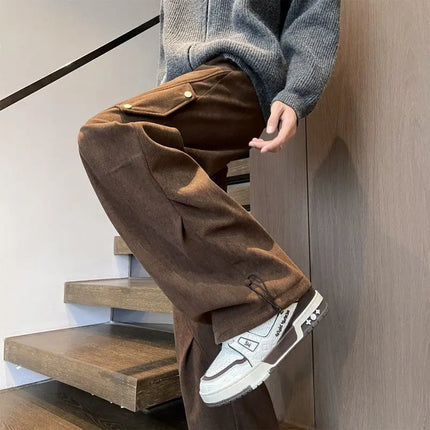 Men’s Winter Corduroy Pants Grey Green Loose Straight Cargo Trousers American Style Jogger High Street Casual Utility Workwear