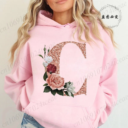 Rose Gold Letter A~Z Printed Women's Sweatshirts Hoodie Fashion Women Hooded Hoodies Casual Harajuku Streetwear Pink Clothing