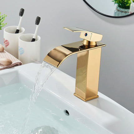 Brushed Golden Basin Faucets Elegant Waterfall Bathroom Sink Faucet Single Lever Hole Deck Mount Brass  Mixer Tapsfaucets and si