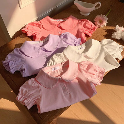 Solid Button Polo Shirt For Girls Cute Children Clothes Casual Short Sleeve T-shirt