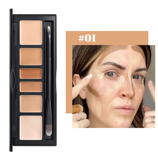 6-color concealer palette with brush, long-lasting, waterproof full coverage concealers, Corrects Dark Circles, Red Marks