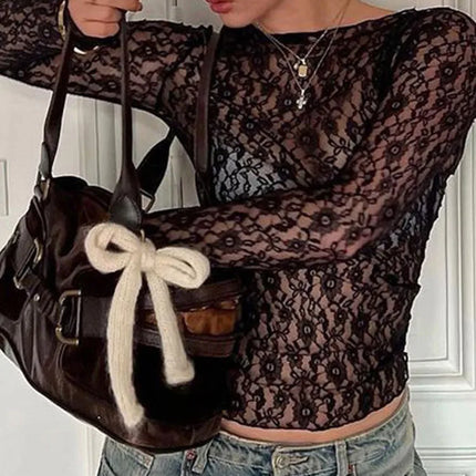 Long Sleeves See Through Lace Crop Top Solid Sexy Bodycon T-Shirt For Women Party Club Autumn Winter Clothes