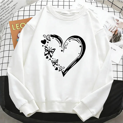 Fashion Y2k Heart with Butterfly Womens Hoodies Warm Fleece Sweatshirt Soft Breathable O-Neck Pullover Casual Female Clothes