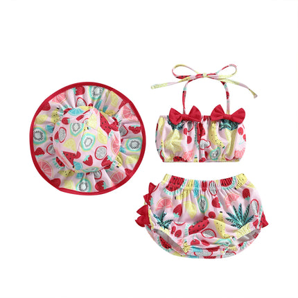 Citgeett Summer Infant Baby Girl Swimsuits Fruit Print Bandage Halterneck Sleeveless Tops Beach Shorts and Hat Swimwear