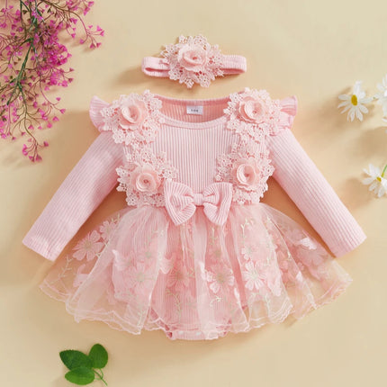 Pudcoco Baby Girls Romper Dress Mesh Lace Patchwork Long Sleeve Jumpsuits and Cute Headband Set for Toddler Infant 0-12M