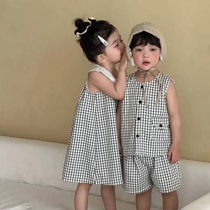 RAISE 2026 Summer Children Outfit Muslin Peter Pan Collar Kids Girls Sleeveless Dress Thin Plaid Tank Top Vest+loose Shorts Suit