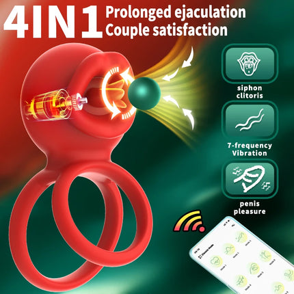 Vibrating Cock Ring Clitoral Stimulator with Tongue Licking 4-in-1 Penis Ring Vibrator 9 Modes Couples Sex Toy for Men and Women