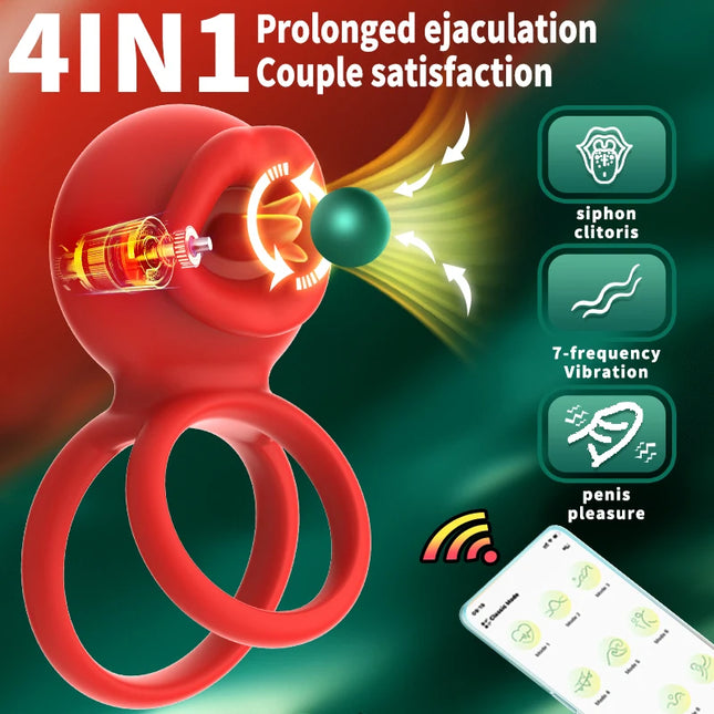 Vibrating Cock Ring Clitoral Stimulator with Tongue Licking 4-in-1 Penis Ring Vibrator 9 Modes Couples Sex Toy for Men and Women
