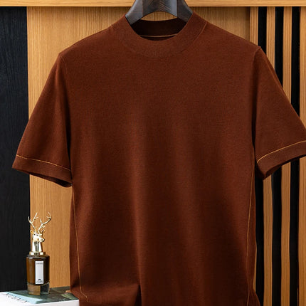 2026 Spring/Summer New Men's Short Sleeved 100% Wool T-Shirt Sweater O-neck Solid Color Loose Knit Pullover Business Casual Tops