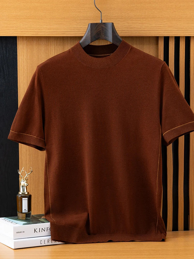 2026 Spring/Summer New Men's Short Sleeved 100% Wool T-Shirt Sweater O-neck Solid Color Loose Knit Pullover Business Casual Tops