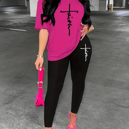 Women's Sports Outfit Set, Plus Size Abstract Figure Print long Sleeve T-shirt Top & Medium Stretch Comfy Pants Fitness Outfit