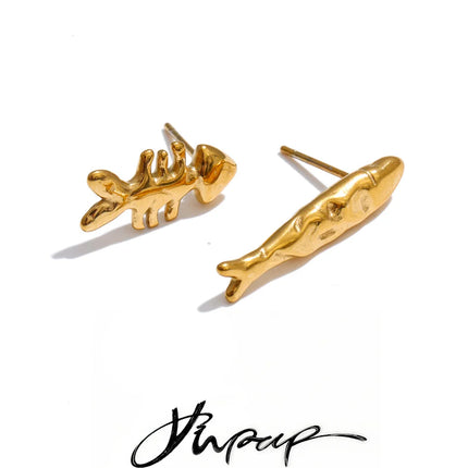 Yhpup Ocean Series Stainless Steel Metal Fishbone Asymmetrical Stud Earrings 18K Gold Color PVD Plated Summer Beach Jewelry