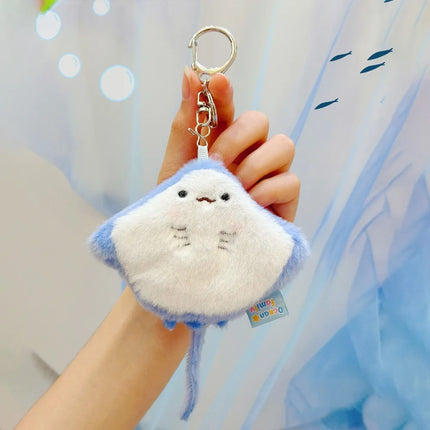 Soft Ocean Animal Keychain Small Turtle Kawaii Fluffy Whale Keyring Simulation PP Cotton Press Sound Pendant Home Decor