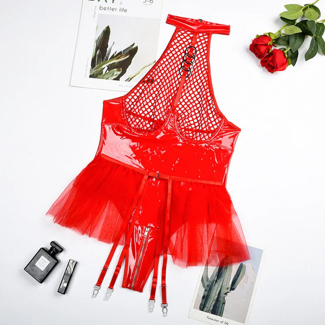 Tornova Sexy Female Lingerie Patent Leather Patchwork Mesh Hollow Out See-through Interesting Garters Women's Underwear Jumpsuit