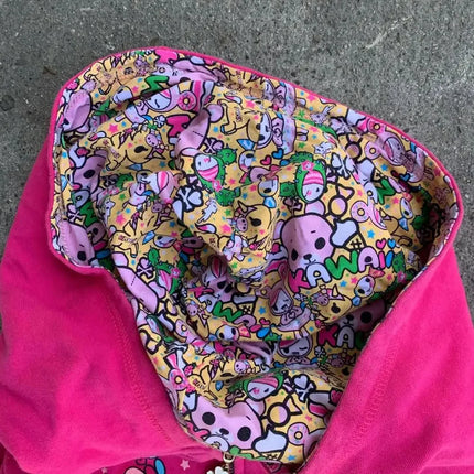 Retro Harajuku Top Unicorn Print Zipper Hoodie Women's Hip Hop High Street Versatile Cartoon Pattern Hoodie Casual Streetwear