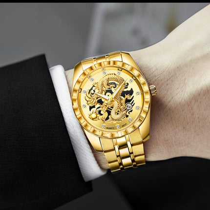 WLISTH Men's Watch 3D Golden Dragon Original Quartz Watch for Men Dragon Dial Waterproof Luminous Date Stainless Steel Watches