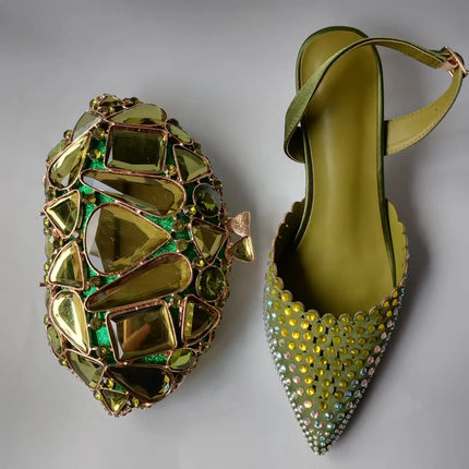INSIGHTLINK Luxury Olive Green Rhinestones Women's Shoe and Bag Set for Party Wedding Crystals Heeled Pumps and Handbag Sandals