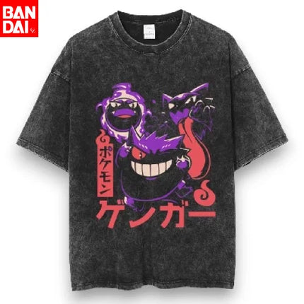 Pokemon Gastly Haunter Gengar Graveyard Print T Shirt Men 2026 Summer Vintage Acid Wash Oversized Tee Anime Streetwear Harajuku