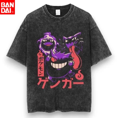 Pokemon Gastly Haunter Gengar Graveyard Print T Shirt Men 2026 Summer Vintage Acid Wash Oversized Tee Anime Streetwear Harajuku