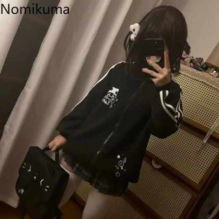 Black Cute Sweatshirts Coat 2025 Women's Clothing Stand Neck Zipper Jackets Y2k Tops Fashion Casual Anime Hoodies Ropa Mujer