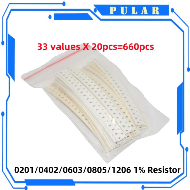 PLR 660PCS 33Values Each 20pcs 1R-1M 10K 100K 1K 100R 0201 0402 0603 0805 1206 1% SMD Resistor Assorted Kit Resistance Set
