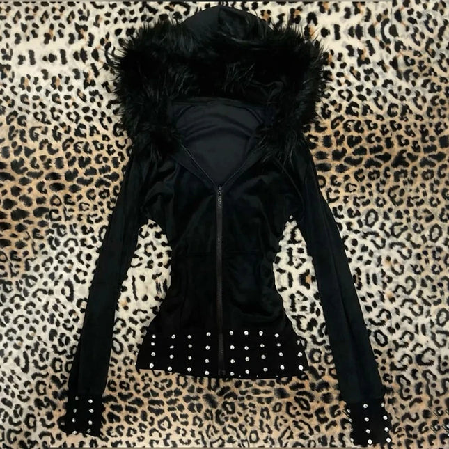 Women's 2025 Gothic Aesthetic Autumn Winter Fur Collar Hoodie Casual Slim Chic Design Cardigan Sweatshirt 2000s Harajuku Clothes
