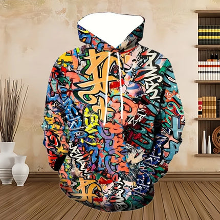 Men's Painted Graffiti Flow Printed Hoodie Casual Trendy Long Sleeve Sports Top Street Men's Colorful Pattern Hoodie Sweatshirt