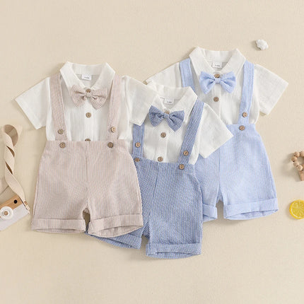 Pudcoco Baby Boy Gentleman Outfit Solid Color Short Sleeve Lapel Neck Romper with Stripe Suspender Shorts and Bowtie 0-18M