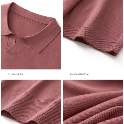 100% Lyocell men's T-shirt casual solid color knitted pullover short sleeved loose POLO collar Tees Pull on vest Tops