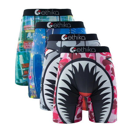 ETHIKA 4Pcs Men Underwear Boxers Breathable Swimming Man Underpants Plus Size Print Mens Panties Trunks Sexy Men's Boxer Briefs