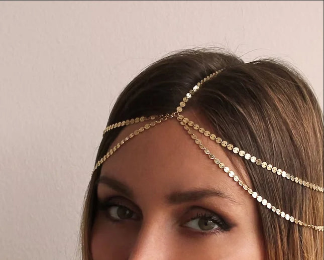 QIMING Boho Head Chain Hairpiece Headband Ethnic Hair Jewelry Metal Multilayers Link Indian Tribal Femme