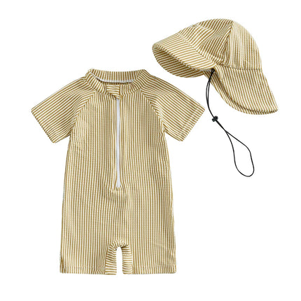 Toddler Boy Striped Swimsuit Short Sleeve Half Zipper Non-Pilling Rash Guard Swimwear Sunhat Set