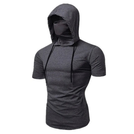 Men New Gym Thin Hoodie Short Sleeve Hoodies With Mask Sweatshirt Casual Splice Large Mask Hoodie Sweatshirt Hooded Tops Cycling