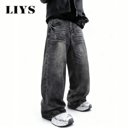 LIYS Men's Women's Retro Gray Ultra Baggy Wide-Leg Jeans Four Seasons Casual Oversized Loose Straight-Leg Denim Pants Unisex