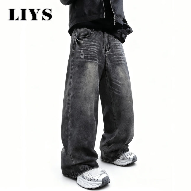 LIYS Men's Women's Retro Gray Ultra Baggy Wide-Leg Jeans Four Seasons Casual Oversized Loose Straight-Leg Denim Pants Unisex