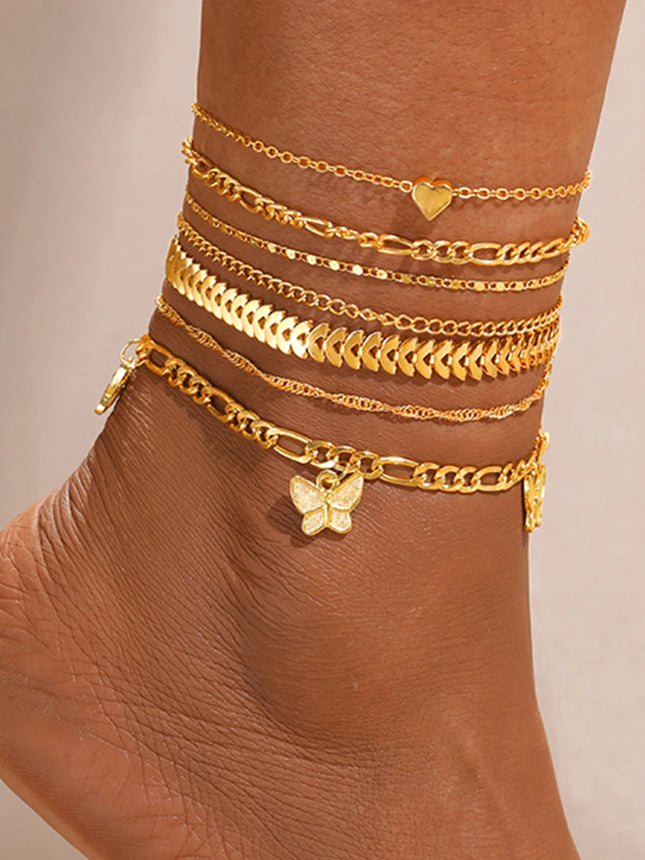 40-Piece Set/20-Piece Set/7-Piece Set Elegant Daily Vacation Metal Material Women's Gold Anklet Set Heart Butterfly Pendant Seaside Vacation Daily Party Wear Fashion Jewelry Popular Accessories