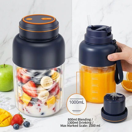 1L Portable Electric Juice Maker Blender with Dual Lid USB Rechargeable Blender Cup for Shakes Smoothie Travel Fresh Juicing Cup