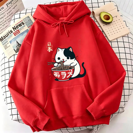 Japanese Style Cat Eat Ramen Hoodie Manga Cat Children's Sweatshirt Cute Hoody Casual Hoodies Spring Unisex Clothes