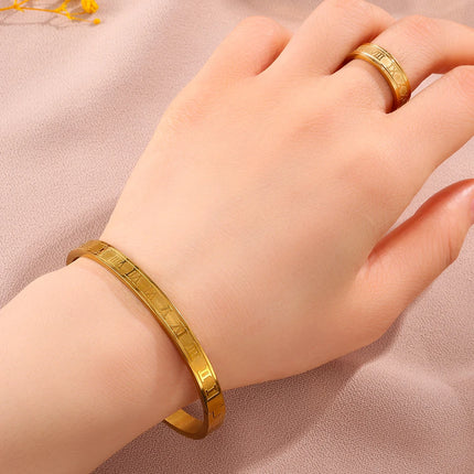ZAKOL Trendy Roman Numeral Stainless Steel Bracelet Ring Set for Women And Men Minimalist Versatile Personalized Jewelry