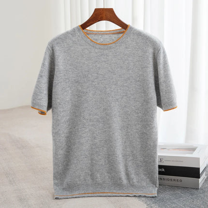 2025 Spring/Summer New Fashion O-Neck Knit Short Sleeve Spliced Business Casual T-Shirts Men's Clothing Loose Tops England Tees