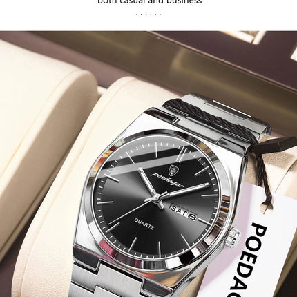 POEDAGAR Luxury Men Watch Stainless Steel Waterproof Luminous Men's Wristwatch Date Week Fashion Casual Men's Quartz Watches Reloj