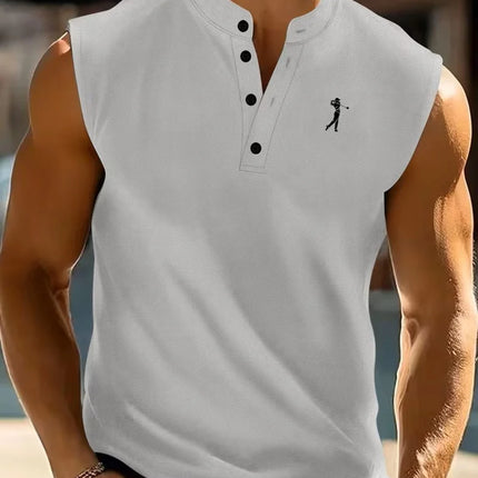 Men's Golf Print Stand Collar Sleeveless Henley Tank Top | Waffle Knit Breathable Casual Sports Shirt