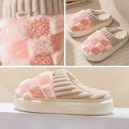 Fashion Couple Winter Toe Wrap Warm Plaid Plush Slippers Men Women Thick Soft Sole Slides Indoor Floor Flat Home Non-slip Shoes