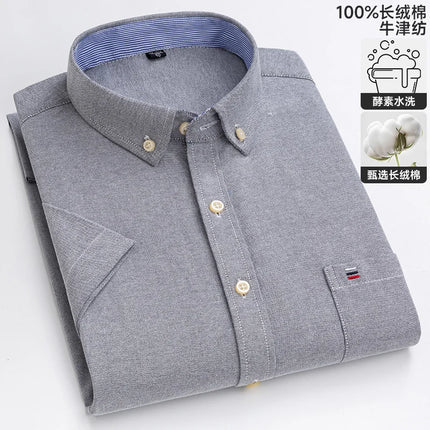 New 100% Cotton Oxford Men's Shirts Short Sleeve Plaid Soft Regular Fit Formal Dress Shirt Social Blouse Male Clothes 6XL 7XL