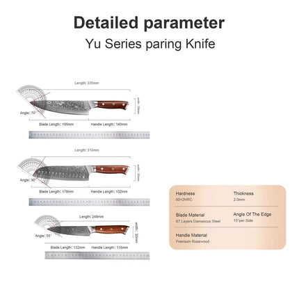 1PCS or 3PCS Kitchen Knife Sets Japanese Forged Damascus Steel Chef Santoku Knives Stainless Steel Rosewood Handle
