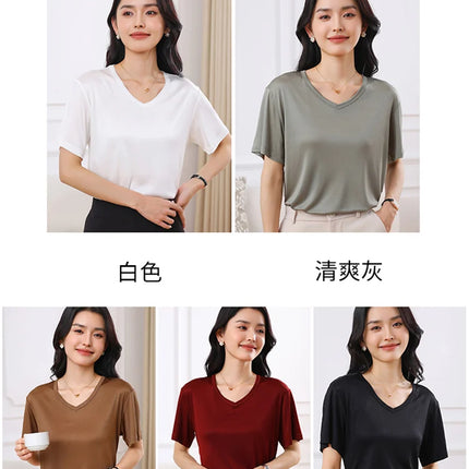 2026 Summer New Women's T-shirt V-neck Knitted Women's Short Sleeve High end Acetate Fiber White Fashion Women's Top