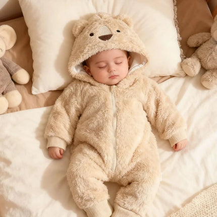 Baby Plush Romper with Hat Adorable Pet Design Winter Warm Baby Comfortable Clothing Pet Shape Baby Bodysuit for Babies