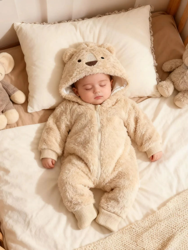 Baby Plush Romper with Hat Adorable Pet Design Winter Warm Baby Comfortable Clothing Pet Shape Baby Bodysuit for Babies